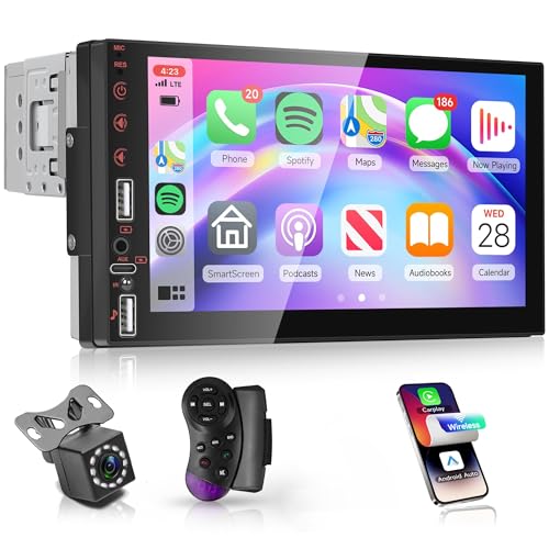 Car Stereo Single Din Wireless Carplay Android Auto 7'' Touch Screen, Rimoody Car Radio Bluetooth support Online Video and Yo-u Tu-be video, FM, EQ, Type-C, AUX, USB-2, Mirror Link, SWC, Backup Camera