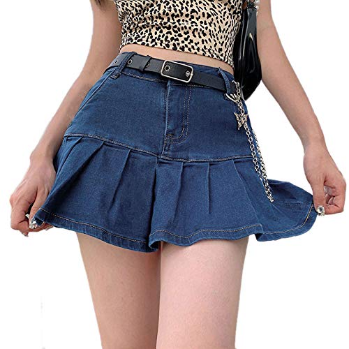 Falda vaquera de cintura alta para mujer, casual, mini acampanada, falda de mezclilla con pantalones cortos, Azul Oscuro, Large