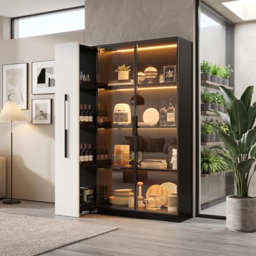 JCFEIDQW Vitrina de cristal, armario multifunción 110,5 × 35 × 160 cm – Y LED, cajón lateral, armario con ruedas, armario alto de estilo moderno, estantería para libros, baño, comedor, color blanco y