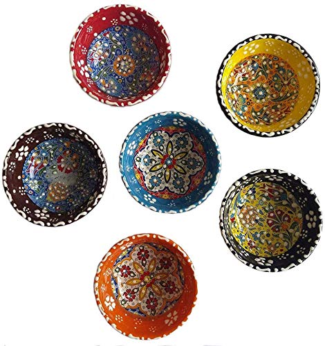 Tubibu Decorative Desing Turkish Ceramic Bowl Set of 6 - Handcrafted Pinch Multicolor Finger Small Serving Bowls (Deco, 3.15")