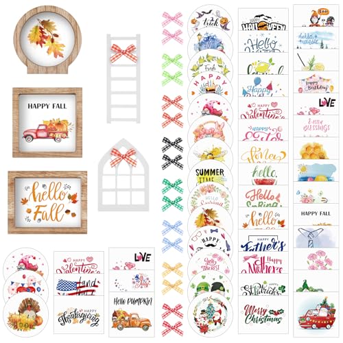 48 Pcs Interchangeable Seasonal Tiered Tray Decor Set Fall Halloween Thanksgiving Tiered Decoration Include Wood Frames with Ladder Card Bow Knot Tray Not Included(Fresh Color Year Round Seasonal)