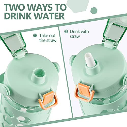 Mukoko 32Oz Glass Tumbler With Straw And Lid,Glass Water Bottles With Time Marker,Iced Coffee Cup,Silicone Sleeve,Leakproof,Bpa Free-Green #TOP3