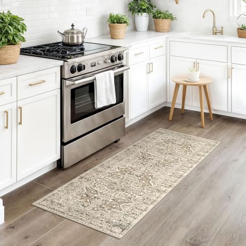 KUTA Vintage Washable Runner Rug, 2x5 Runners Non-Slip Beige Brown 5ft Hallway Kitchen Rugs Ultra Soft Printed Distressed Tribal Farmhouse Carpet for Bedroom Entryway Decor