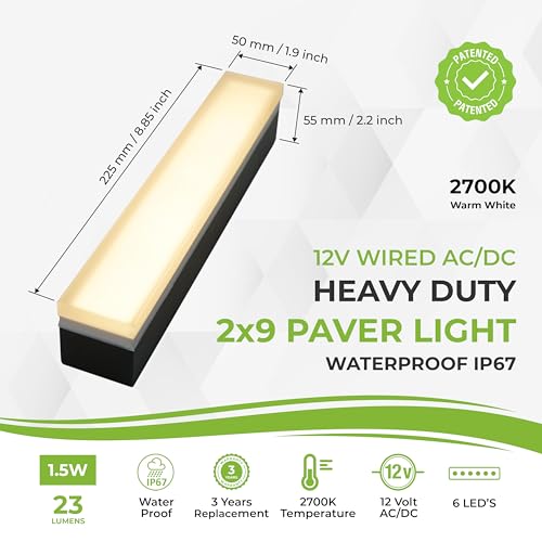 Image of LUMENGY Paver Light 2x9 Inch (1.97x8.85), 2700K Warm White, Glare-Free Brick Lighting for Driveways, Walkways, Pool Decks and Patios, 12V Hardwired, IP67 Waterproof, Drive-Over Rated