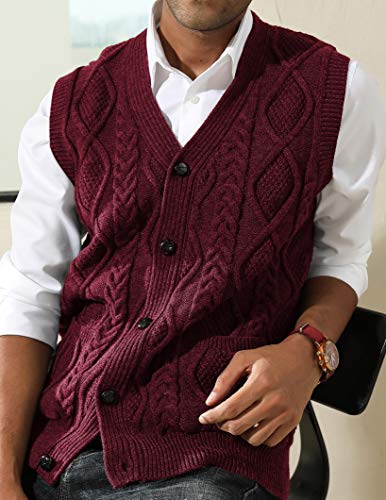 Image of PJ PAUL JONES Mens Cable Knit V Neck Sweater Vest Button Up | Sleeveless, Cardigan Sweater Vests with Pockets, Button Down, Knitted, Patterned, Regular Fit, Vintage, Retro, Dress, Casual