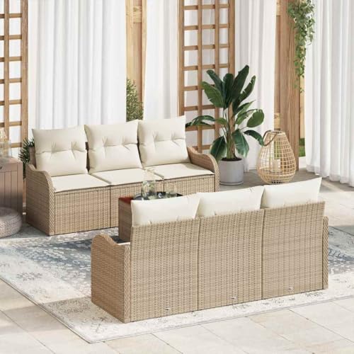 Mokuyary Juego de 7 sofás de jardín con cojín de ratán sintético, para exteriores, para terraza, balcón, jardín, terraza, balcón, jardín
