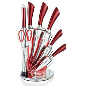 KAMBERG – 8132 – messenblok 8 stuks van roestvrij staal – houder van acryl – keukenmes – rood