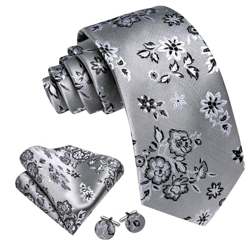 Image of Barry.Wang Flower Ties for Men Handkerchief Cufflinks Set Wedding Necktie Set Party