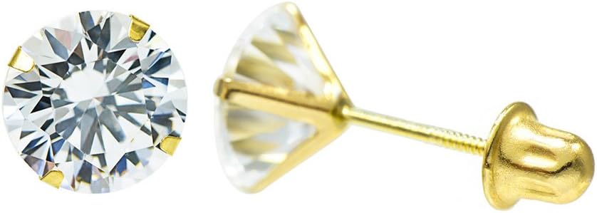 14K Yellow Gold Round Cubic Zirconia (CZ) Single Basket Screw Back Stud Earrings - 2 mm to 10 mm