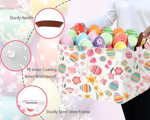Image of Large Rectangular Easter Baskets Empty Waterproof Boy Toy Box Foldable Kid's Gifts Storage Bin Spring Room Decor(Tulip Flower Egg)