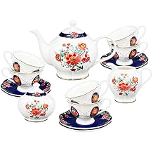 fanquare 21 Piece Old Victorian Porcelain Tea Set for 6, Royal British Floral Tea Cup Set for Women, Wedding Tea Party Set for Adults