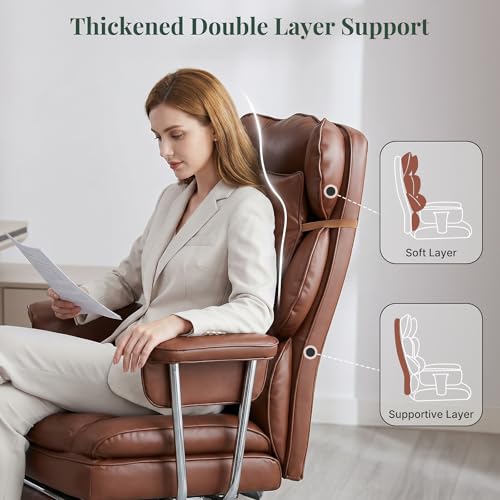 Image of Executive Ergonomic Office Chair, PU Leather High Back Reclining Office Chair with Footrest and Lumbar Support, Height Adjustable Rolling Swivel Computer Chair for Home Office,Brown