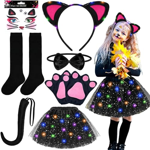Katzenkostüm Kinder, Faschings Kostüm, 7 Stück Katzenkostüm Set inklusive Glitzer Haarreif Glitzer Tutu Fliege Schwanz Handschuhen Aufklebern und Socken, Faschingskostüme Kinder für Halloween Karneval