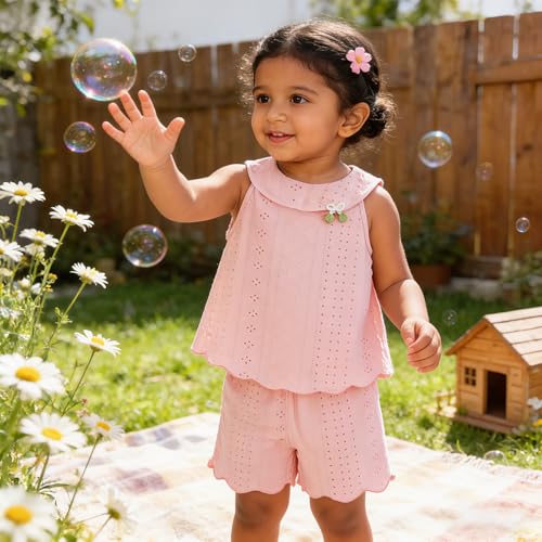 Image of SNOWIE SOFT 2Pcs Set Baby Girl Clothes with Sleeveless Top & Shorts for 110cm Age 2-3, Toddler Elastic Waistband Summer Short Set for Baby Girl, Stylish Sweet Casual Matching Outfit