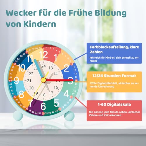 Idota Wecker Kinder, Wecker Analog Ohne Ticken Kinderwecker mit Sanfter Weckklingelton Lernwecker Kinder mit Nachtlicht Mädchen Jungen für Schulanfänge Batteriebetriebene Weckuhr (Ohne Akku) - Blau