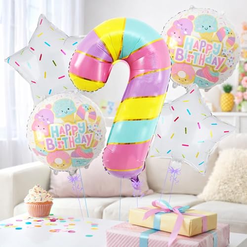Image of Rozi Decoration Candy Theme Foil Balloon Set | 5-Piece Ice Cream & Candy Design Balloons with Star & Round Shapes | Birthday Party Decor for Kids (Boys & Girls)