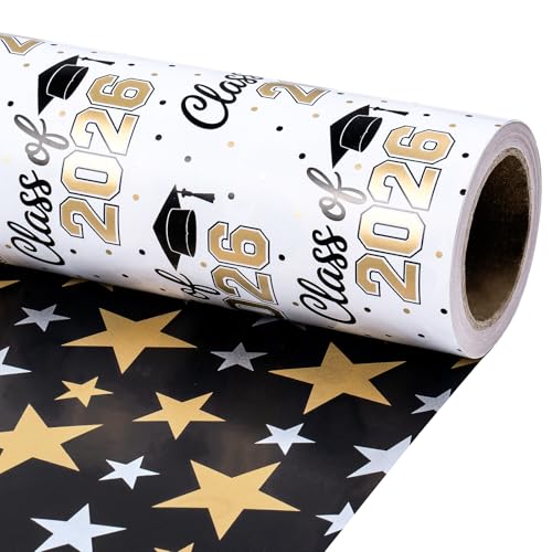 RUSPEPA Reversible Graduation Wrapping Paper Roll Mini Roll Gold Class of 2026 Congrats Grad Design with Caps and Black Star Pattern Gold Foil Gift Wrap for Graduation Party 17 Inch x 16.4 Feet