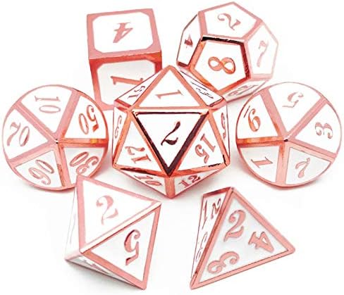 Haxtec 7PCS Metal Dice Set Copper White D&D Dice for Dungeons and Dragon Games-Glossy Enamel Dice (Copper/Rose Gold White)