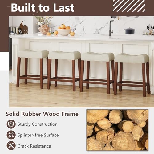 Image of Giantex 24 inch Bar Stools Set of 4, Upholstered Counter Height Saddle Bar Stools with Footrest and Wood Legs, Farmhouse Button Tufted Backless Barstools for Kitchen Island, Dining Room, Cafe, Beige+Brown