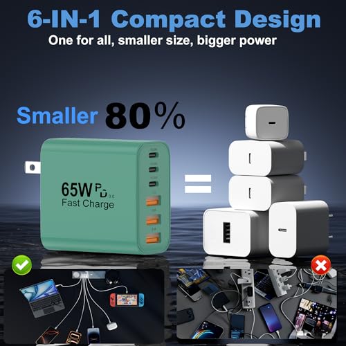 Image of USB C Charger Block, 2-Pack 65W 6-Port USB C Wall Charger iPhone Charger Fast Charging PD Power Adapter+QC Wall Plug Multiport Type C Brick Chargers for iPhone 17 16 15 14 13 12 11 Pro Max XS,Green