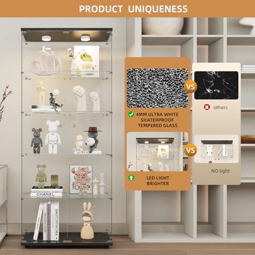 Image of Beauty4U Glass Display Cabinet with LED, 5-Shelf Black Curio Cabinet