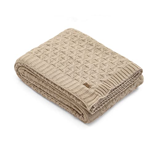 Image of Pluchi Kelly Knit Cotton Knitted Textured All Season AC Throw Blanket for Sofa (Luxurious,125cm X 150cm, 49 x 59 Inches) (Stone)