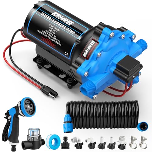 Kohree 12V DC Washdown Pump Kit - 7.5GPM 80PSI, Self-Priming 5-Chamber Diaphragm Water Pump with Pressure Switch, Spray Nozzle, High Flow for RV, Boat, Marine, Yacht, Freshwater and Saltwater