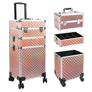 EBANKU 3-in-1 professioneller Make-up-Zugkoffer, Aluminium-Kosmetikkoffer, rollender Make-up-Koffer, extra großer Trolley, （Roségold）