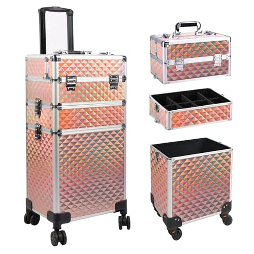 EBANKU 3-in-1 professioneller Make-up-Zugkoffer, Aluminium-Kosmetikkoffer, rollender Make-up-Koffer, extra großer Trolley, （Roségold）