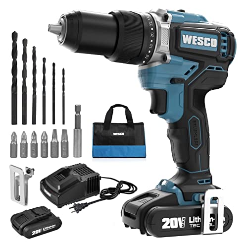 Wesco 20V Cordless Hammer Drill With Safety Clutch，Power Brushless Drill Driver Set With 13 Pcs Drill Bits, 2-Mode Variable Speed Rotary Hammer With Carrying Bag Use For Concrete, Metal, And Stone #TOP25