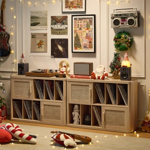 Image of LEYAOYAO Large Record Player Stand with Vinyl Storage Up to 450 Albums, Wood Rattan Boho Record Storage Accent Cabinet, Modern Stereo Media Cabinets, Wide Turntable Stand for Living Room, Natural Oak