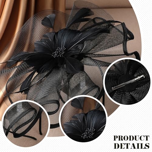 Zinniday Black Tea Party Headband - 1920s 50s Elegant Victoria Feather Derby Fascinators Flower Kentucky Hats Mesh 20s 50s Derby Hat Carnival Cocktail Headband for Women Halloween Costume