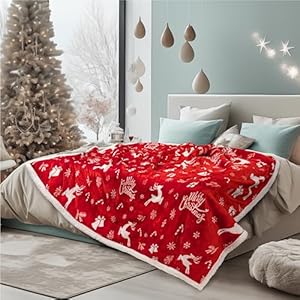PAVILIA Premium Christmas Sherpa Throw Blanket | Christmas Decoration Gift, Fleece, Plush, Warm, Cozy Reversible Microfiber Holiday Blanket | Red Reindeer - 50x60 PAVILIA Premium Christmas Sherpa Throw Blanket Christmas Decoration Gift Fleece Plush Warm Cozy Reversible Microfiber Holiday Blanket Red Reindeer 50×60