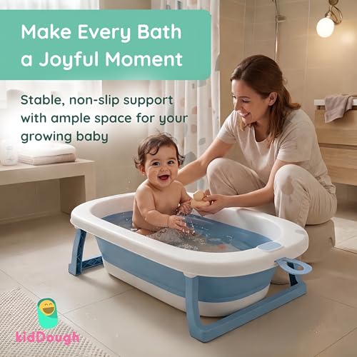 Image of Kiddough Baby Bathtub, Foldable, Non Slip, Durable, Easy to Store and Use with Cushion (Blue (Without Cushion))