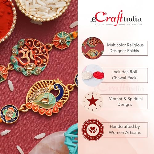 Image of eCraftIndia Set of 2 Peach, Green & Golden Pearls, Designer Rakhis | Roli Chawal Pack