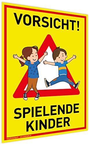 Großes Schild Vorsicht! Spielende Kinder | 30x42cm | wetterfestes PVC-Schild mit UV-Schutz | signalgelb | Achtung Spieplatz | Langsam! Spielende Kinder - Image 3