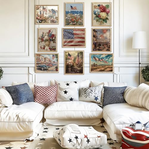 Image of Whaline 9 Pcs Patriotic Wall Art Prints Paper Posters American Flag Floral Oil Painting Pictures for 250th Anniversary 4th of July Independence Day Home Office Gallery Party Decor, Unframed