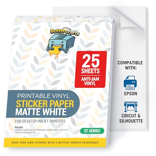 Image of Matte Printable Vinyl Sticker Paper Waterproof 25 Sheets 8.5 inchx11 inch, Inkjet Printer (Epson Printers Compatible) - Weatherproof White Sticker Sheets - Strong Adhesive