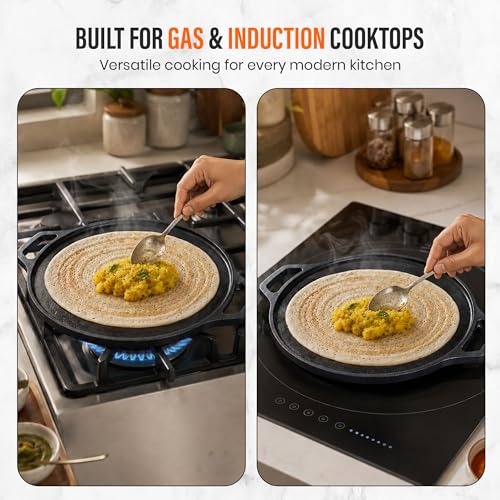 Image of Cast Iron Dosa Tawa with Dual Grip Handles | Pre-Seasoned Non-Stick Iron Tawa for Dosa /Chilla /Roti | Heavy Duty Non-Toxic Cookware | Gas Stove & Induction Compatible | Black, 30cm, 2.8kg