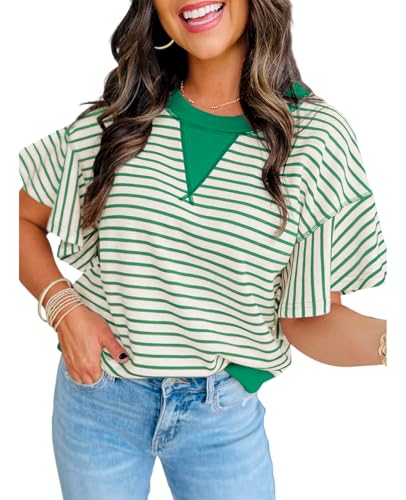 Women's Summer Striped Ruffle Short Sleeve Tops Contrast Colorblock 2025 Round Neck Loose Fit Cute Casual Top Blouse