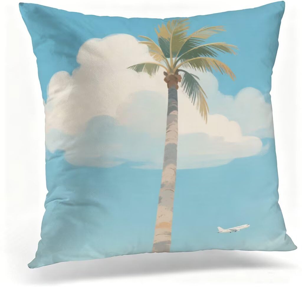 Coussin extérieur 80x80 cm bleu à motif palmiers en lin pour terrasse