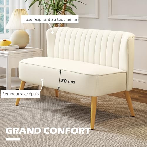 HOMCOM Canapé 2 Places, canapé de Salon en Tissu Aspect Lin 117 cm, Assise et Dossier rembourrés et Pieds en Bois d'hévéa, Style Moderne, Sofa pour Chambre, Appartement, Petit Espace, crème – Image 5