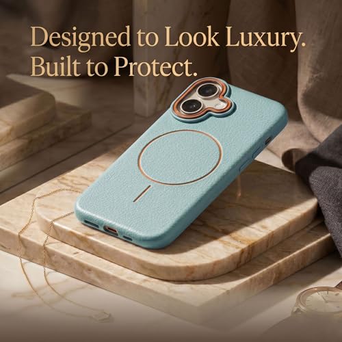 Image of amazon basics Luxury MagSafe Compatible Leather Texture Back Cover for iPhone 17 | Raised Camera Protection | Slim Fit Shockproof Case with Metallic Accents (Light Blue)