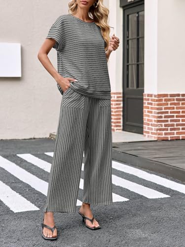 Image of Tankaneo Womens Striped 2 Piece Sets Short Sleeve T Shirts Wide Leg Pants Matching Lounge Set with Pockets