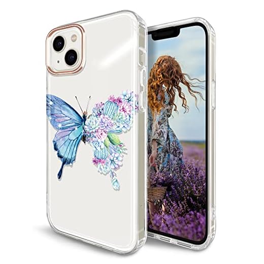 JAHOLAN Clear Case for iPhone 14 Plus Glitter Plating Butterfly Flower Design Protective Shockproof Slim TPU Anti-Yellowing Hard Back Cover Phone Case for Girls Women, Puple Blue
