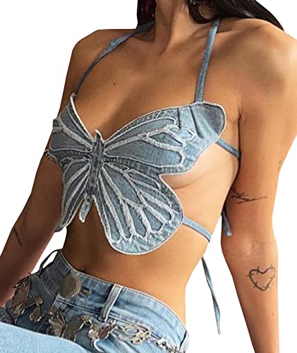 Raboolion Women's Y2k Denim Butterfly Crop Tank Top Sexy Halter Jean Tube Vest Backless Lace Up Cami Camisole Rave Outfit3