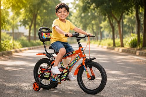Image of JUNIOR KID 14 T Kids Cycle with Sides -Balance Wheel & Back Rest Seat | 10 Inch Frame | Steel Rim | Ideal for 3 to 6 Years Boy's & Girl's (Orange)