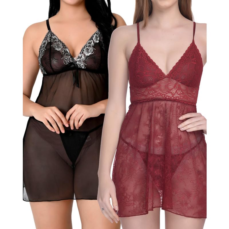 Image of Love Maker Soft Spandex Net Women Babydoll Honeymoon Nightwears Combo Small to 3XL