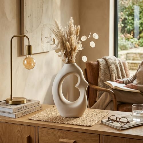 Image of Abstract Ceramic Flower Vase for Home Decor Modern Hollow Decorative Vase Matte White Nordic Table Vase for Pampas Grass, Dried Flowers & Artificial Flowers Living Room, Bedroom & Office