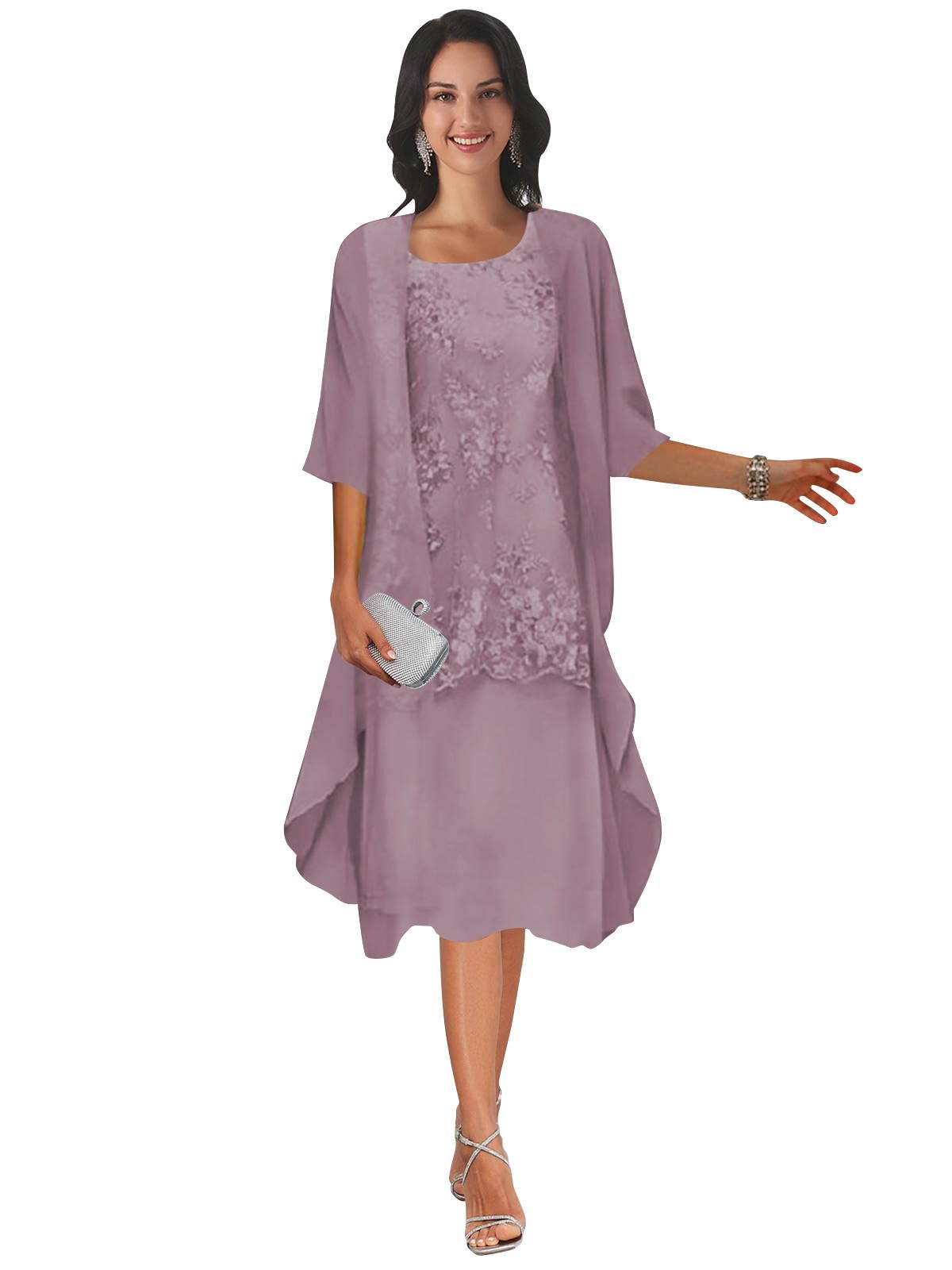 WIKGUI Chiffon Mother of The Bride Dresses for Women Tea Length 2 Pcs Lace Formal Dress with Jacket